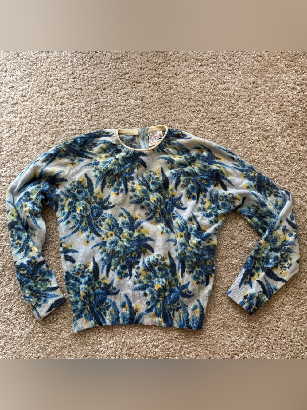 Vintage Darlene Minklam Hand Screen Print Floral Sweater Blue Wool Blend USA S
